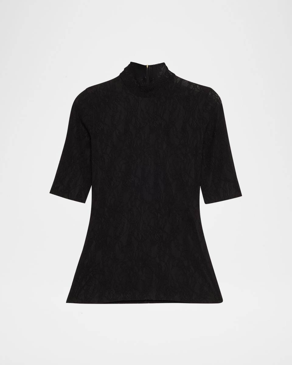 Mock-Neck Stretch Lace Short-Sleeve Top